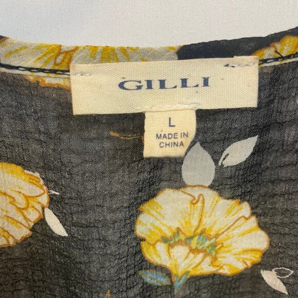 Gilli Black Yellow Floral High Low Cold Shoulder V-Neck Ruffles Dress Large - Picture 2 of 8